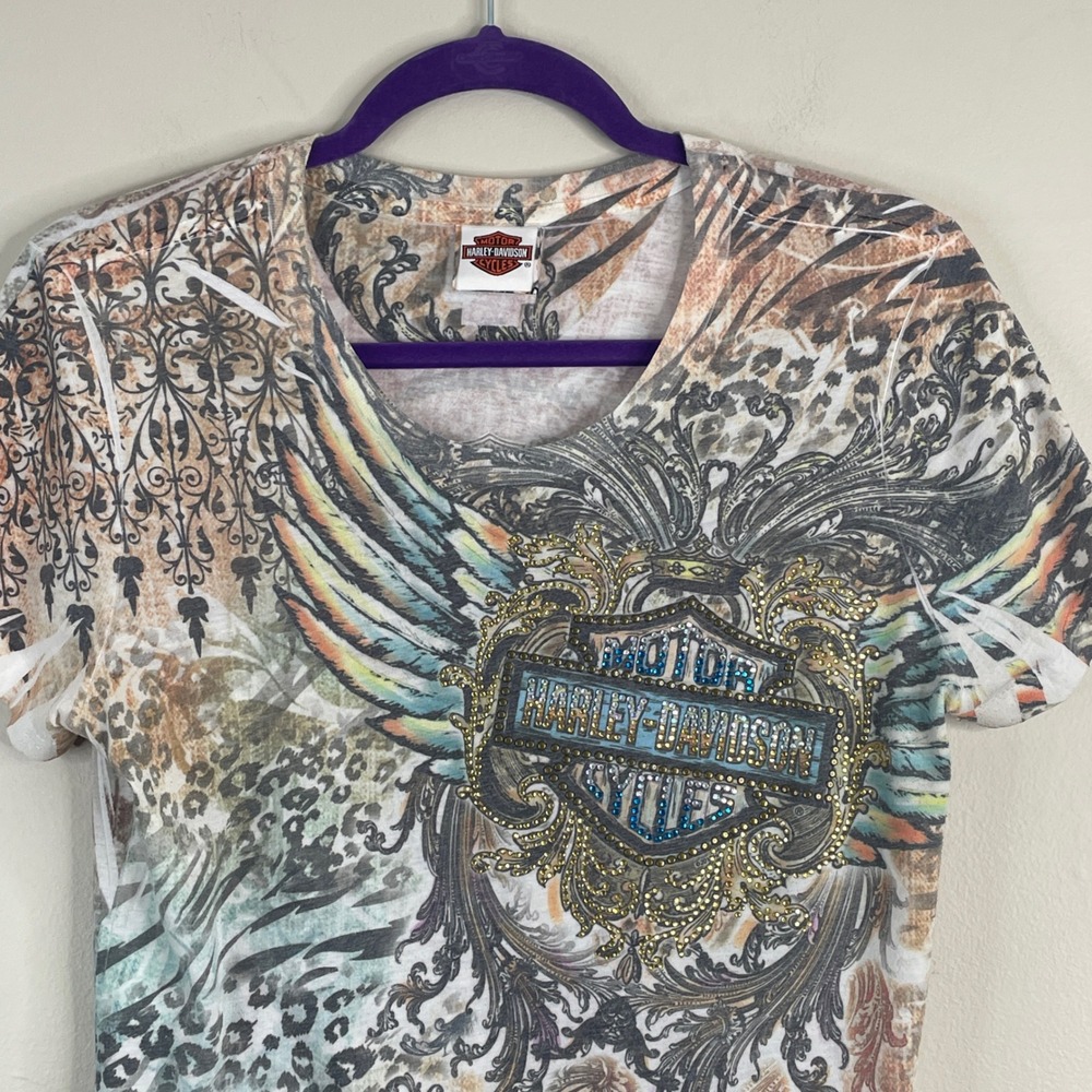 Vintage Harley Davidson Y2K Graphic Top Womens Medium Wings Logo Bedazzled Maui - Picture 5 of 16